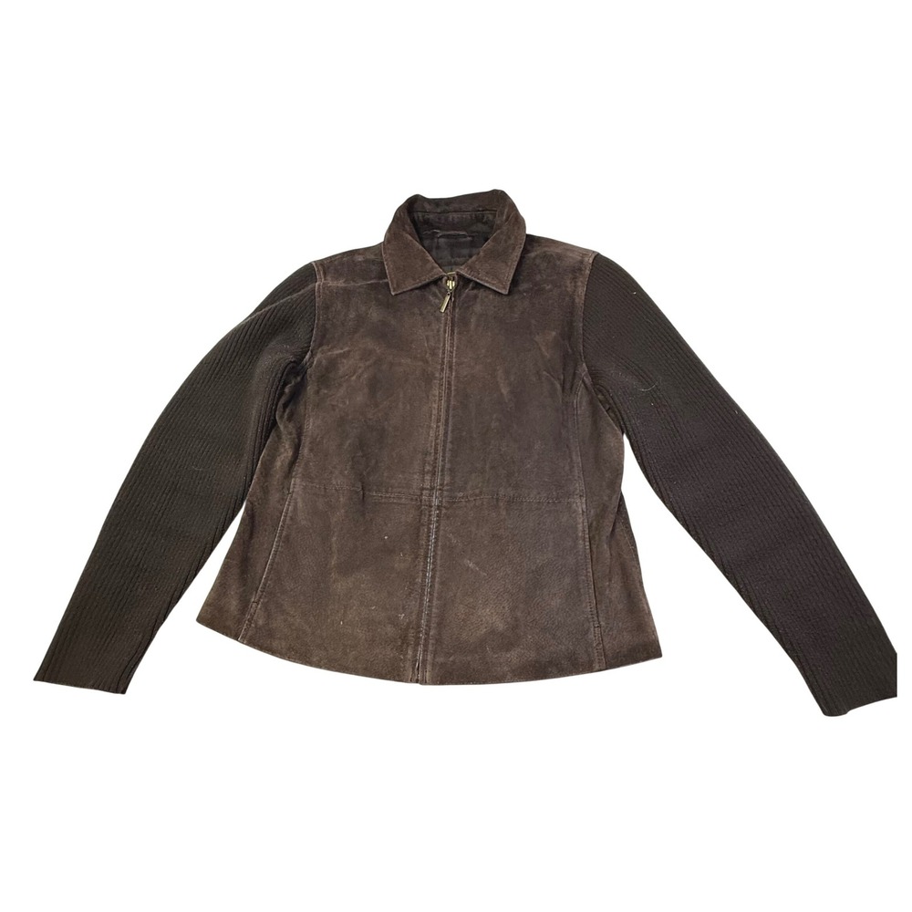 Fabio Womens Genuine Leather Suede Knit‎ Sleeve Jacket Brown L G